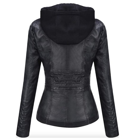 Black Leather Jacket with Detachable Hood - Picture 2 of 8